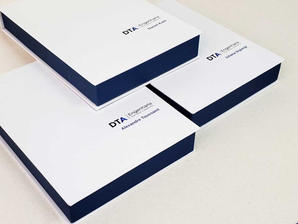 Embalagem premium para brinde corporativo personalizado produzida pela Copy House no RJ.