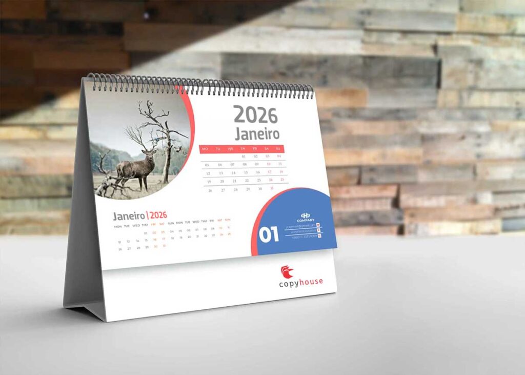 Calendário de mesa personalizado 2026 horizontal 21 x 14cm com base impressa e design moderno.