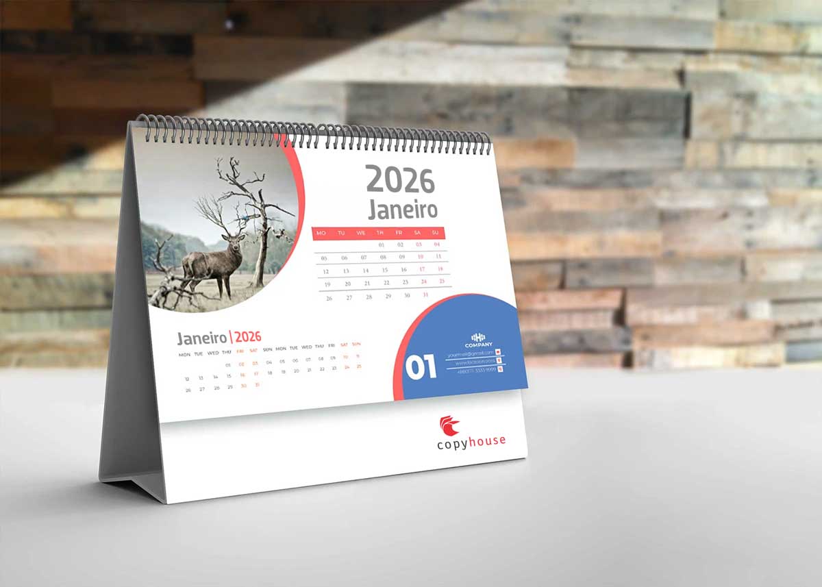 Exemplo de calendário de mesa personalizado de 2026, com base impressa.