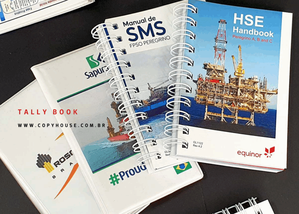 Vários modelos de Tally Book personalizados produzidos pela Copy House para empresas de óleo, gás, naval e mineração.