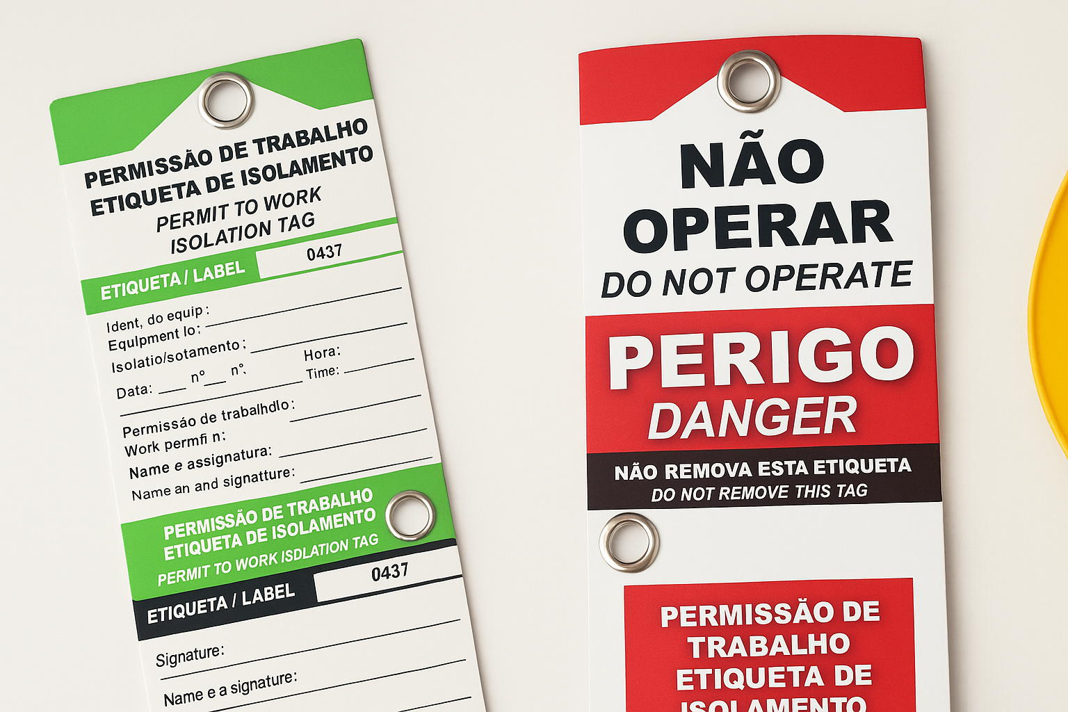 Etiquetas de permissão de trabalho personalizadas produzidas pela Copy House no Rio de Janeiro, em conformidade com normas NR-10, NR-12, NR-33 e NR-35.