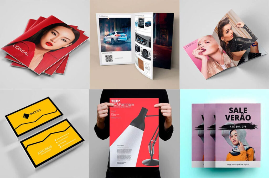 Coleção de produtos impressos pela Copy House em formato Super A3, incluindo revistas, folders, catálogos, moleskines, cadernos corporativos e cartões de visita.