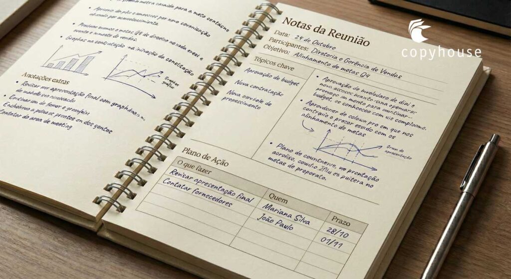 Planner corporativo com foco em produtividade, mostrando a página Meeting Pro, com campos para anotar pontos principais da reunião.