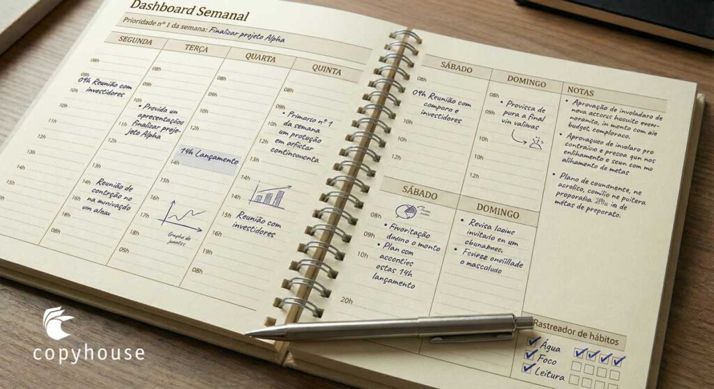 Foto do Planner corporativo com foco em produtividade, mostrando a página Meeting Pro, com campos para anotar pontos principais da reunião.