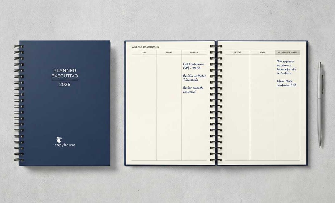 Planner corporativo e personalizado para 2026.