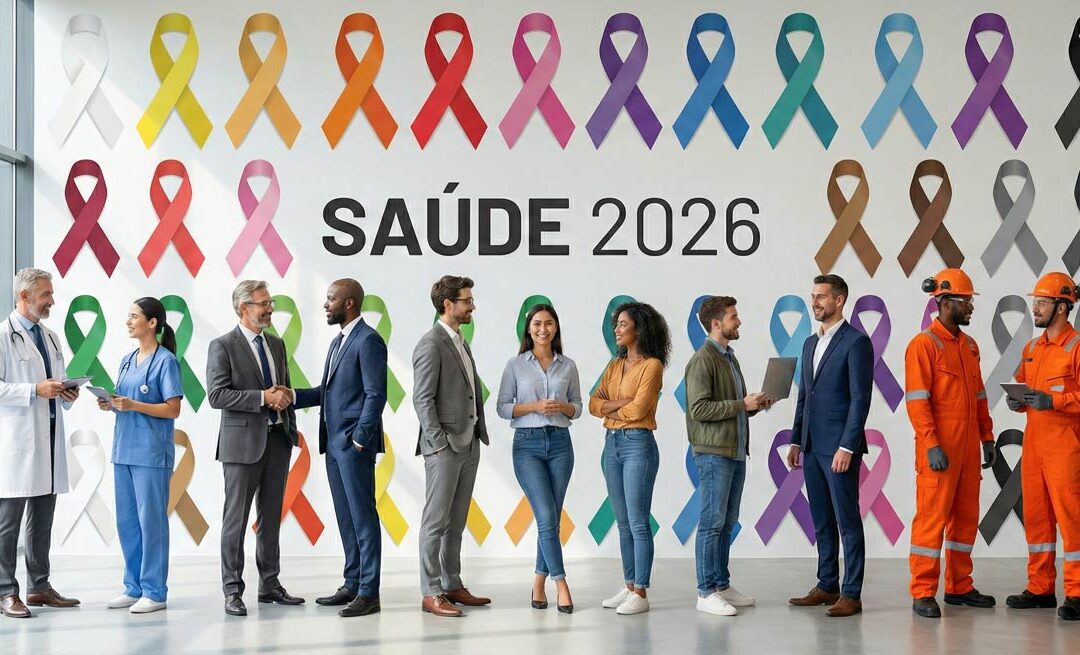 Equipe multidisciplinar de saúde corporativa sorrindo em frente a uma parede decorada com laços coloridos das campanhas de saúde 2026.
