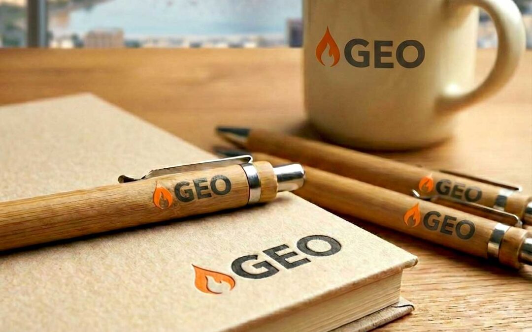 Caneta de bambu personalizada sobre mesa de escritório executiva, destacando a impressão UV colorida e o acabamento natural da madeira.