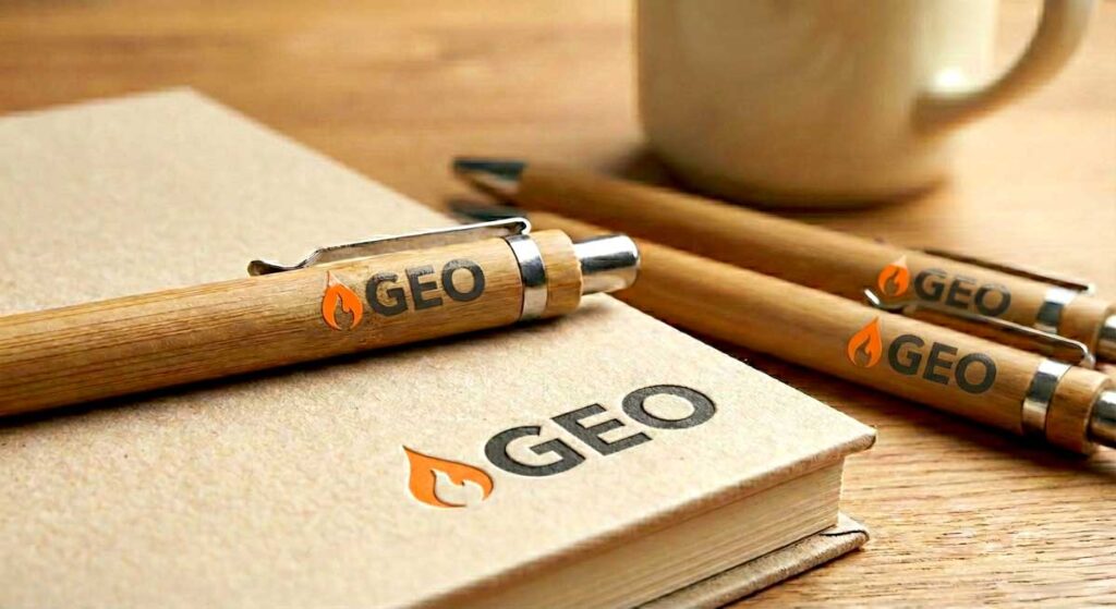 Caneta de bambu personalizada sobre mesa de escritório executiva, destacando a impressão UV colorida e o acabamento natural da madeira.