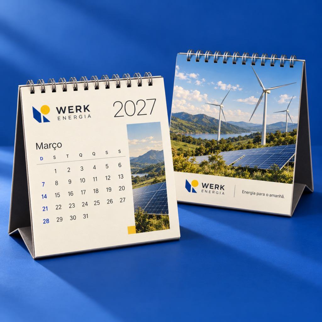 Calendário de mesa personalizado 2027 horizontal 21 x 14cm com base impressa e design moderno.